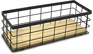 JOYJOO Metal Storage Basket with Wood Base, Decorative Baskets for Home Storage, Wire Basket for Organizing Small Tableware Black