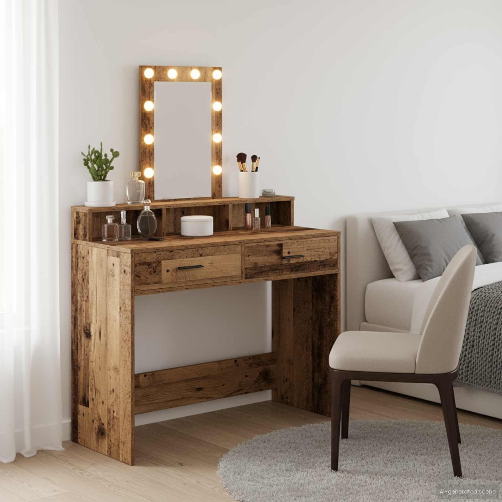 Schminktisch Braun aus Holzwerkstoff 100 x 41 x 140 cm mit LED-Spiegelbeleuchtung, USB-Anschluss, Schublade und Stauraum für Schlafzimmer, Ankleidezimmer, Makeup und Pflege