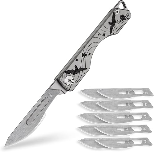 KeyUnity KK01 Cuchillo plegable de titanio, cuchillo de bolsillo EDC con hoja reemplazable #24, para caza al aire libre, campamento, pesca,