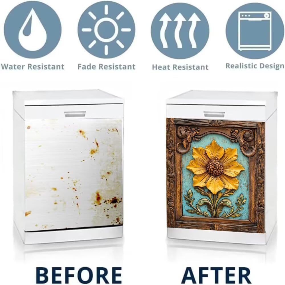 Vintage Wooden Sunflower Dishwasher Magnet Cover, Rustic Wood Turquoise Magnetic Refrigerator Door Cover Vinyl Decal, Floral Home Appliance Panel Sheet for Kitchen Decor Sticker, 23"x26"