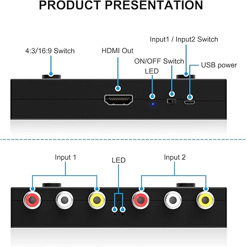 Miniatura 4 de Convertidor de 2 AV a HDMI, 1080P720P 2 puertos RCA compuesto CVBS AV Switch a HDMI convertidor adaptador compatible 43169 conmutación, para TV PC,