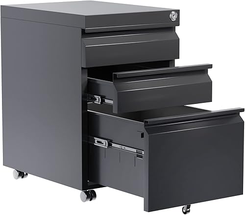 Reemoon Archivador de metal para oficina en casa, archivador de almacenamiento debajo del escritorio, 3 cajones, archivador pequeño con cerradura,