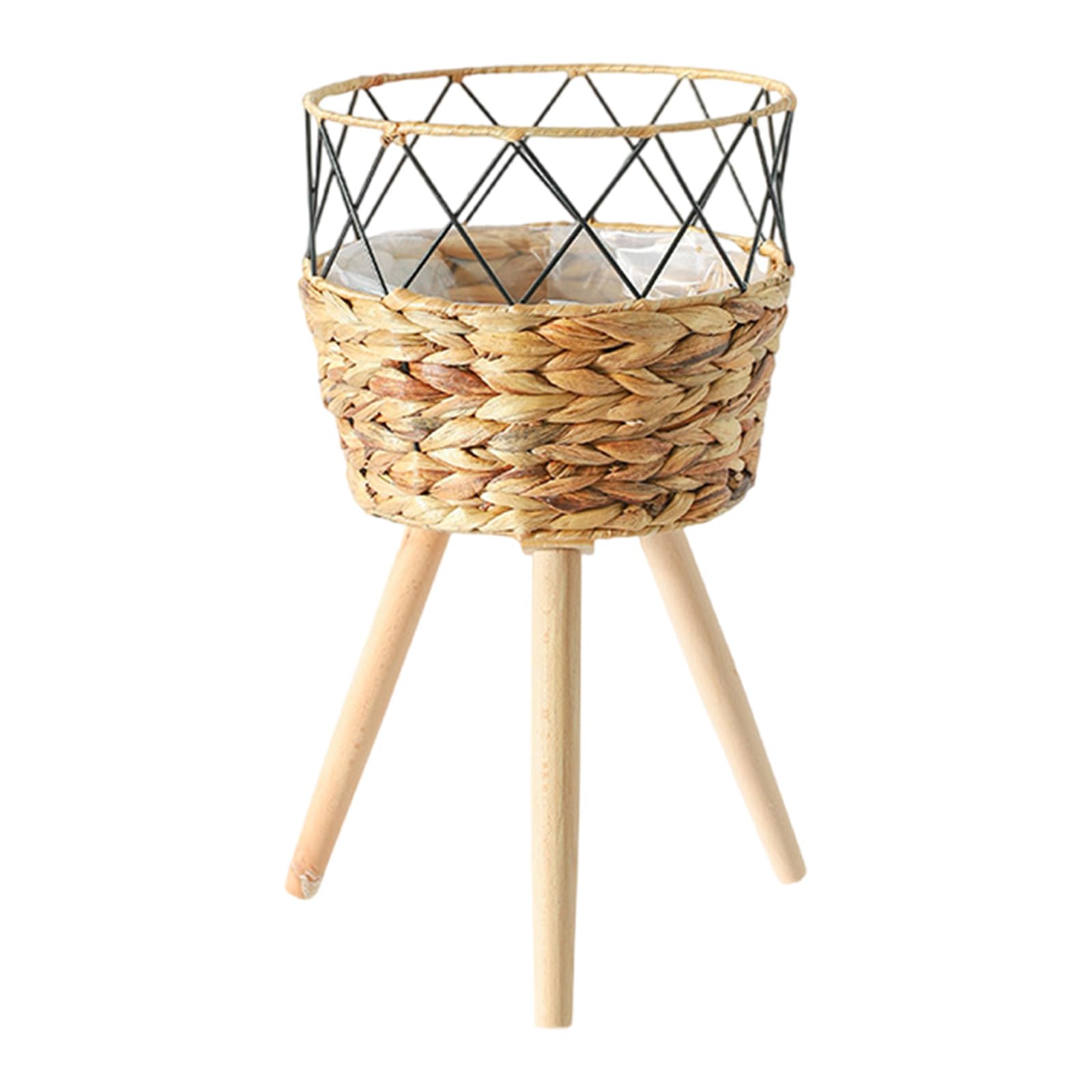 YWLUUOO Plant Stand with Wooden Leg Cattail Flowerpots Storage Shelf Handwoven Flower Baskets Rack for Succulents Plant Natural