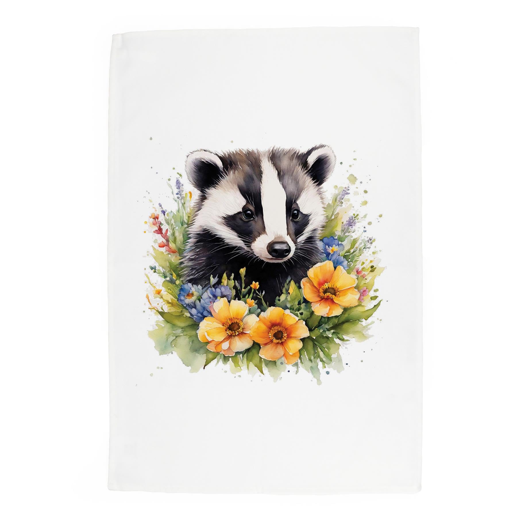 Purely Home Multicoloured Floral Badger Tea Towel - Animals & Flowers Nature Wildlife Gift/Present - Panama Cotton Kitchen Dish Towel/Drying Cloth - 67Cm X 45Cm