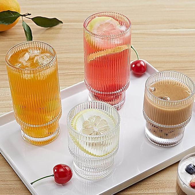 Image of Premium 350 ML Water & Juice Glasses Drinking Glasses,Highball Glasses,Tumblers for Water, Juice, Beer, Cocktail and Mixed Drinks (Set of 4) (Linning - A, 4 Count (Pack of 1))