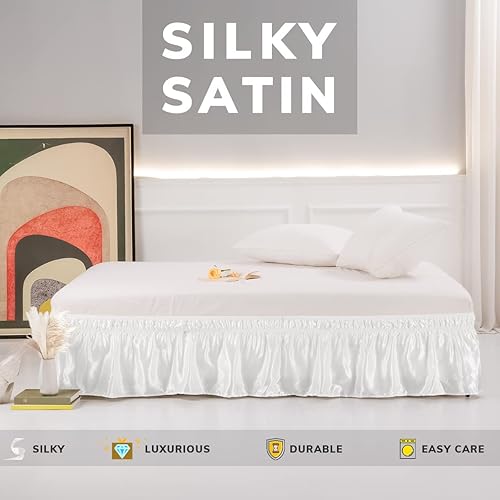 Miniatura 2 de Faldas de cama de satén de seda, tamaño King, caída de 18 pulgadas con 10 alfileres de falda de cama, fáciles de instalar y resistentes a las