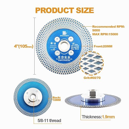Miniatura 7 de BRSCHNITT - Hoja de sierra para azulejos de porcelana de diamante, disco de pulido de corte de diamante súper fino de 4.5 pulgadas con dientes en X