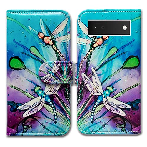 Bcov Case for Pixel 6a, Cute Dragonfly Leather Flip Phone Case Wallet Cover with Card Slot Holder Kickstand for Google Pixel 6a