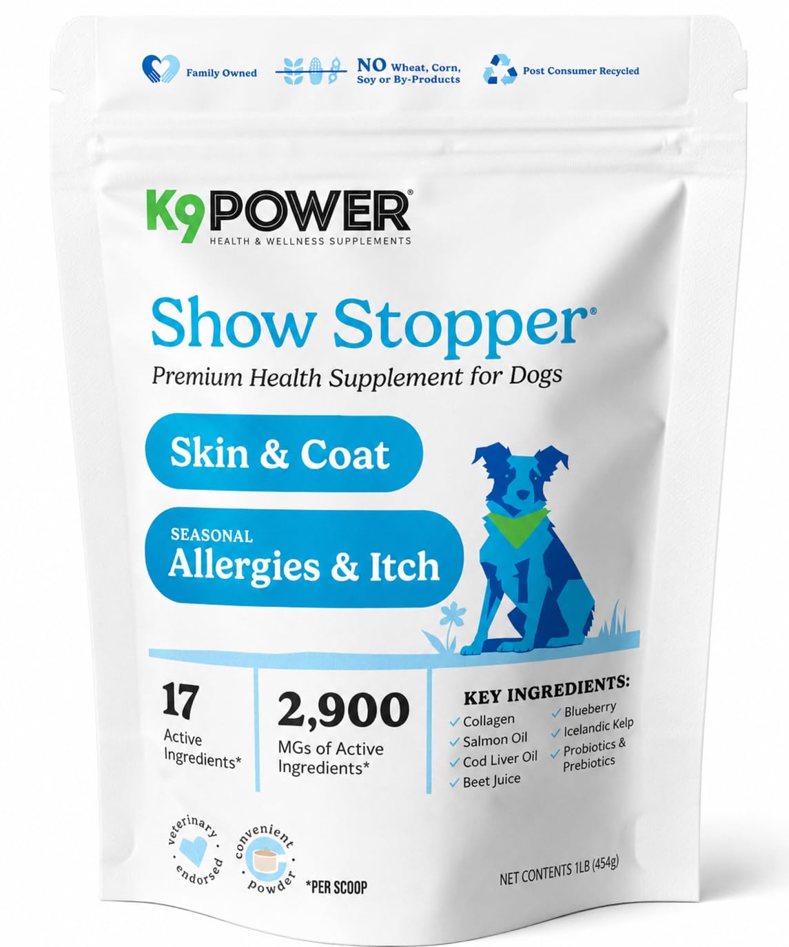 K9Power Show Stopper 8 oz– Awarded #1 Dog Skin &amp; Coat Product – Supports Allergy Relief, Itchy Skin, Shedding, Dull Coat – Salmon Oil, Collagen, Kelp, Zinc, Probiotics, Beet Juice, Vitamin C