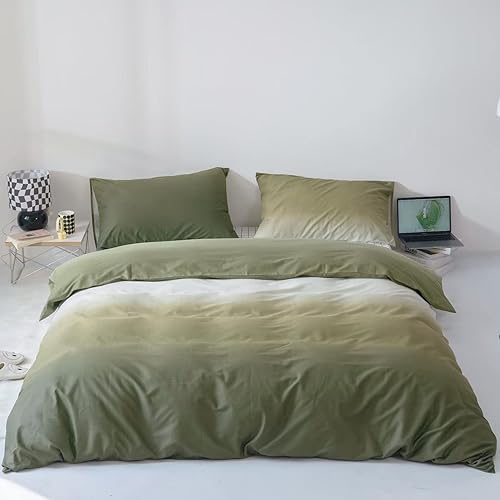 KAREVER Juego de edredón verde degradado, juego de ropa de cama color blanco y verde, juego de ropa de cama tamaño Queen para mujer, edredón