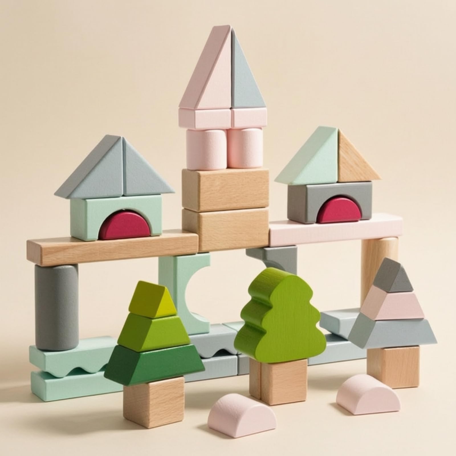 Qianly 43 Pezzi Blocchi di Legno con Vassoio Naturale Blocchi di Costruzione in Legno Montessoriano Costruzioni per Scuola Scuola Dell'infanzia, Blocchi Di Legno Naturale