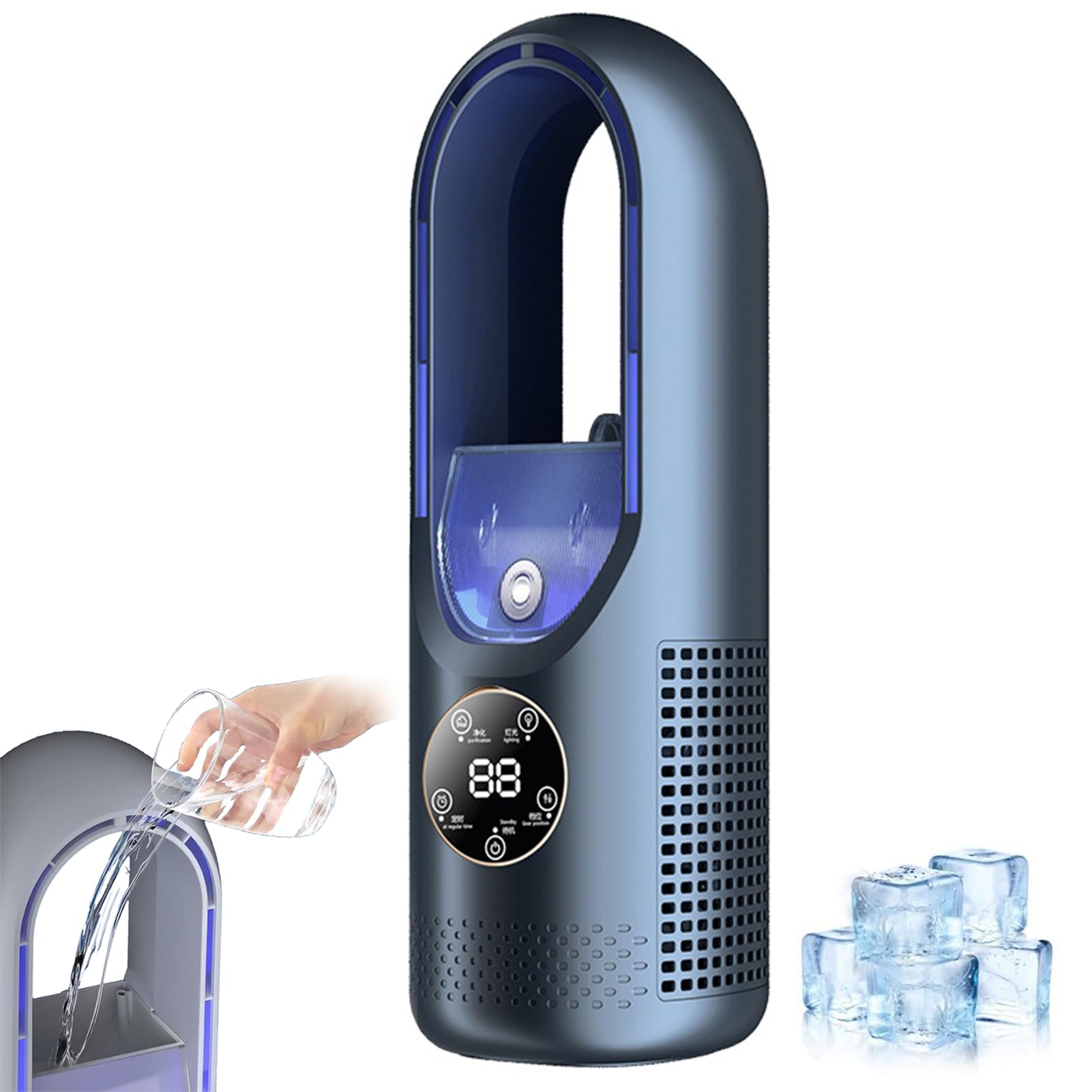 6-Speed Bladeless Electric Fan with Light, 3 in 1 Silent Tower Fan with Cooling & Humidifier, 720° Wide-Angle Airflow, Timer & 100ml Water Tank, Air Circulator Desk Fan for Bedroom Home Office (Blue)