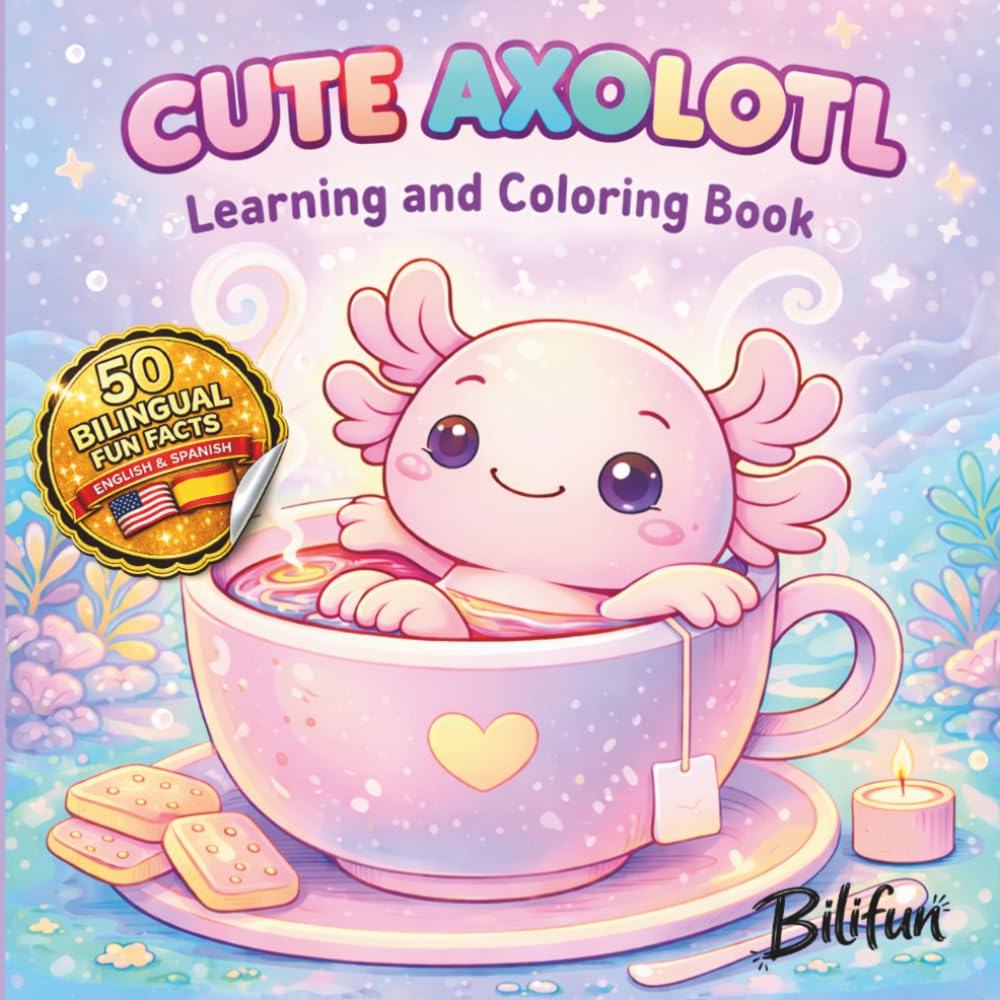 Cute Axolotl Learning and Coloring Book: A Fun and Educational Animal Coloring Book for Kids and Adults with 50+ Adorable Illustrations and Bilingual Fun Facts in English and Spanish