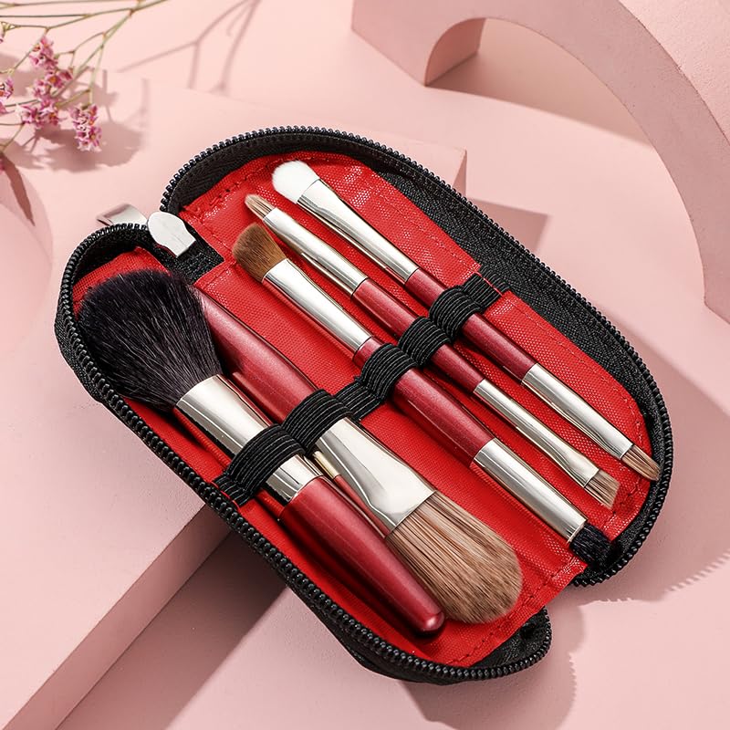 Juego de mini brochas maquillaje 5 piezas, sombra ojos, base y corrector, pinceles for labios, herramientas portátiles(Red goat hair)