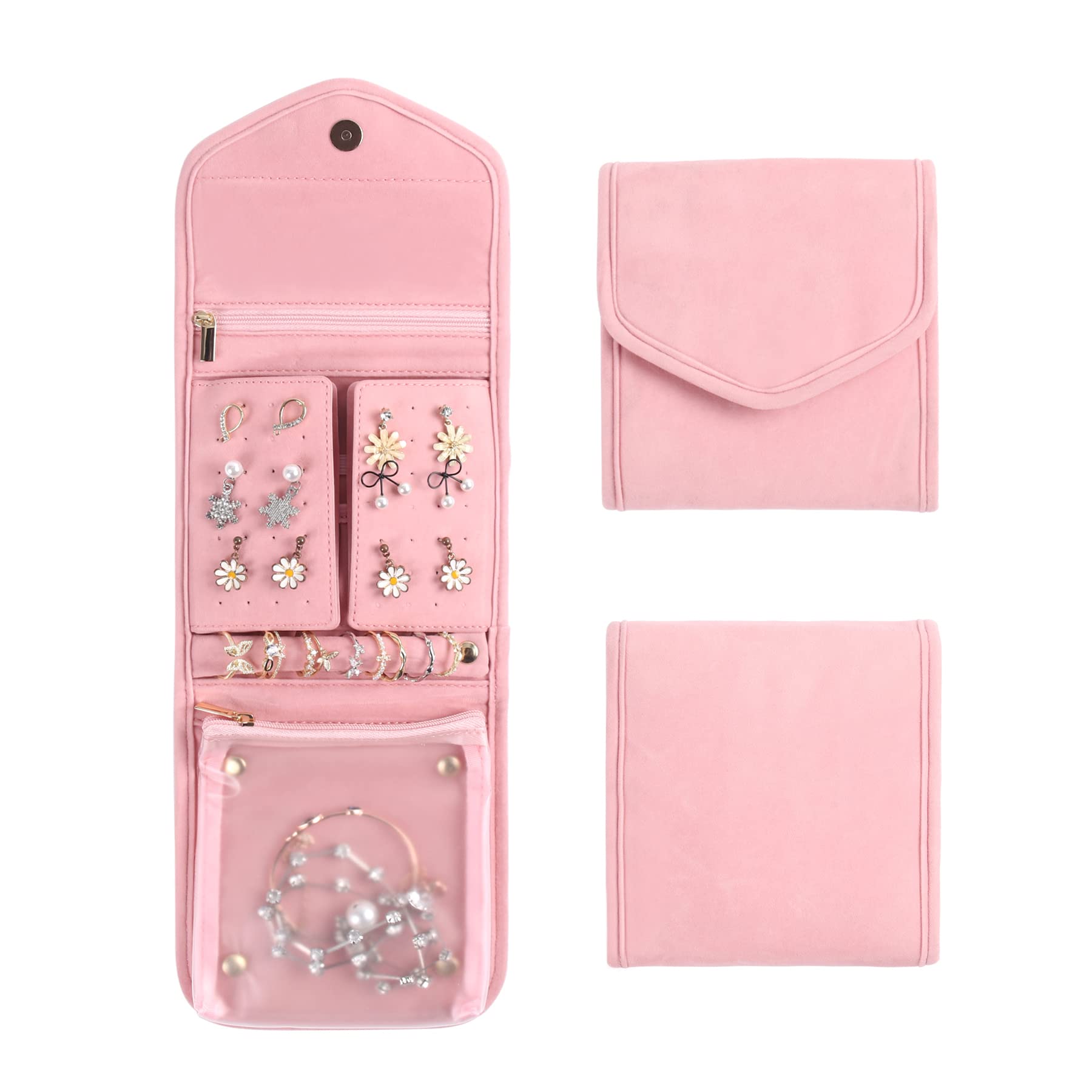 Volin Crik Travel Jewelry Organizer Roll Foldable Jewelry Box,Travel Jewelry Bag, Travel Jewelry Bag for Necklaces, Rings, Earrings, Bracelets,soft Pink