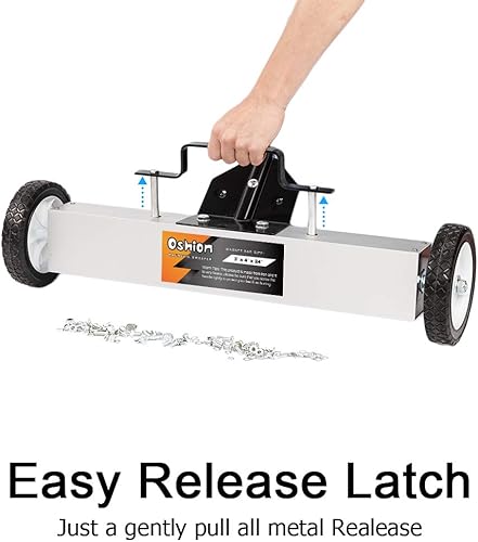 Miniatura 4 de Ochine Barredora magnética de alta resistencia con ruedas, 30 libras de capacidad, herramienta de recogida de piso con mango de liberación para