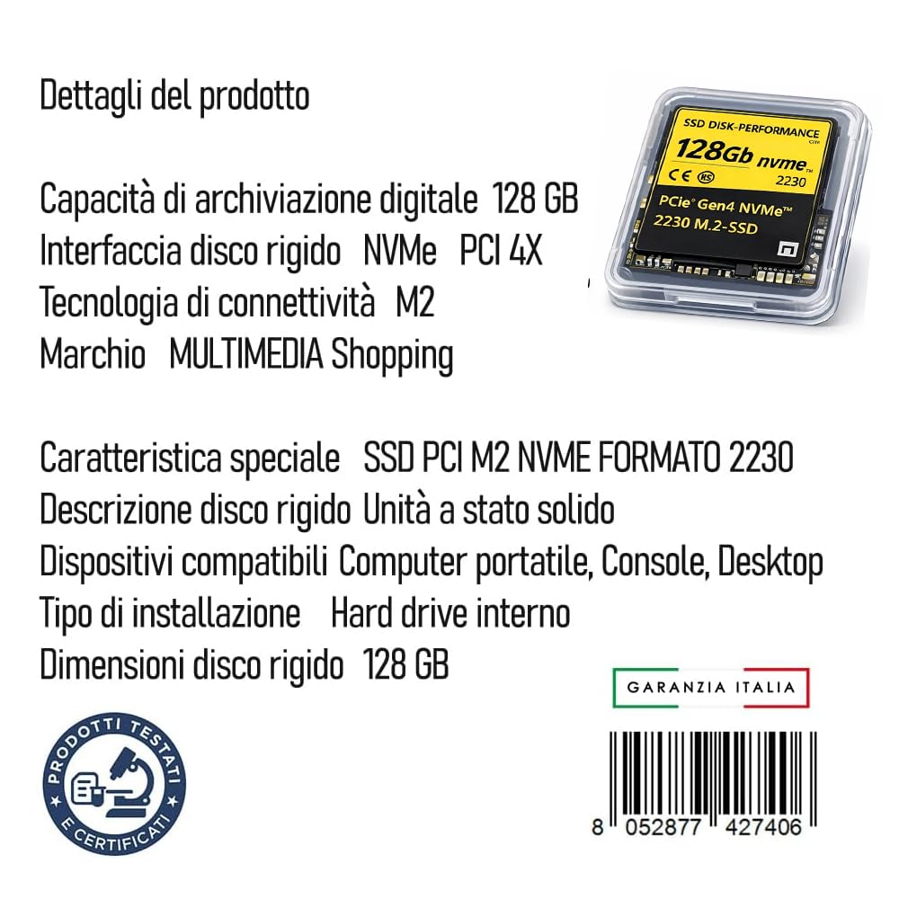 SSD PCIe NVMe Gen 4x4 da 128 Gb M2, Unità a Stato Solido Interna, compatibile con slot 2230, alta velocità di trasferimento dati, per uso professionale, gar. Italia