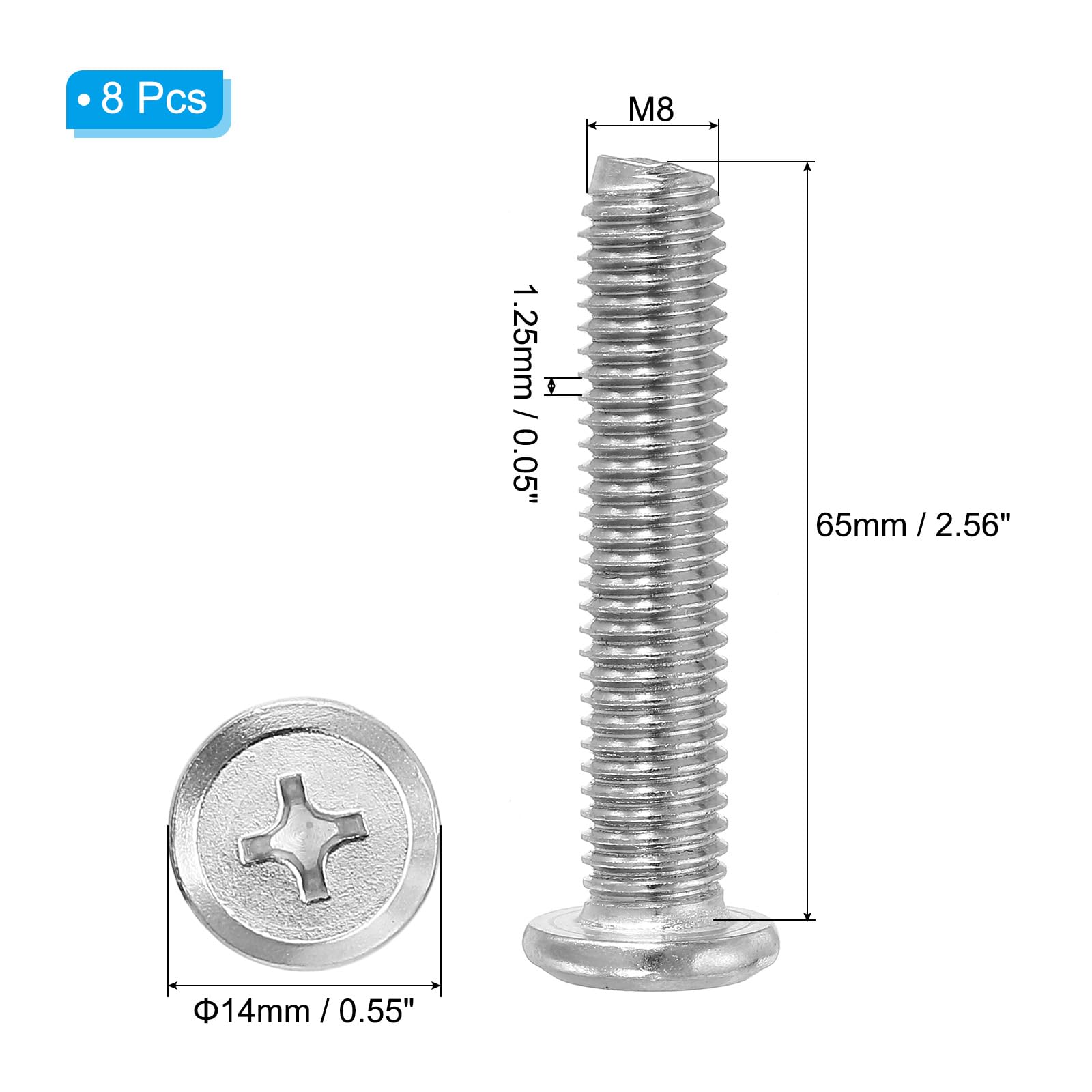 PATIKIL Flat Round Head Phillips Screws, 8 Pack M8-1.25 x 65mm Binding Screws 304 Stainless Steel 18-8 Full Thread - Image 2