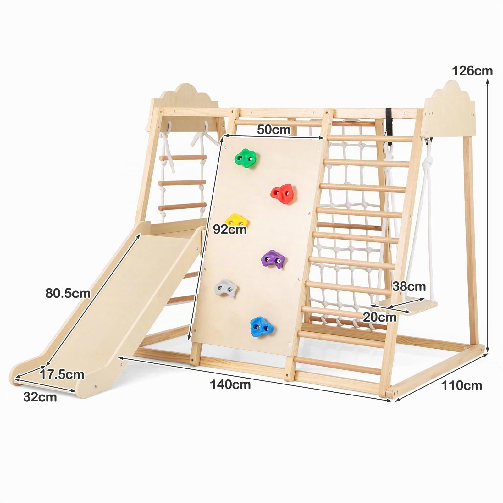 GOPLUS Estructura de Escalada Infantil de Madera 8 en 1, Triángulo para Niños con Tobogán, Escalera, Columpio y Barra, Centro de Actividades Montessori para Interiores, para Niños 3+ (Natural)