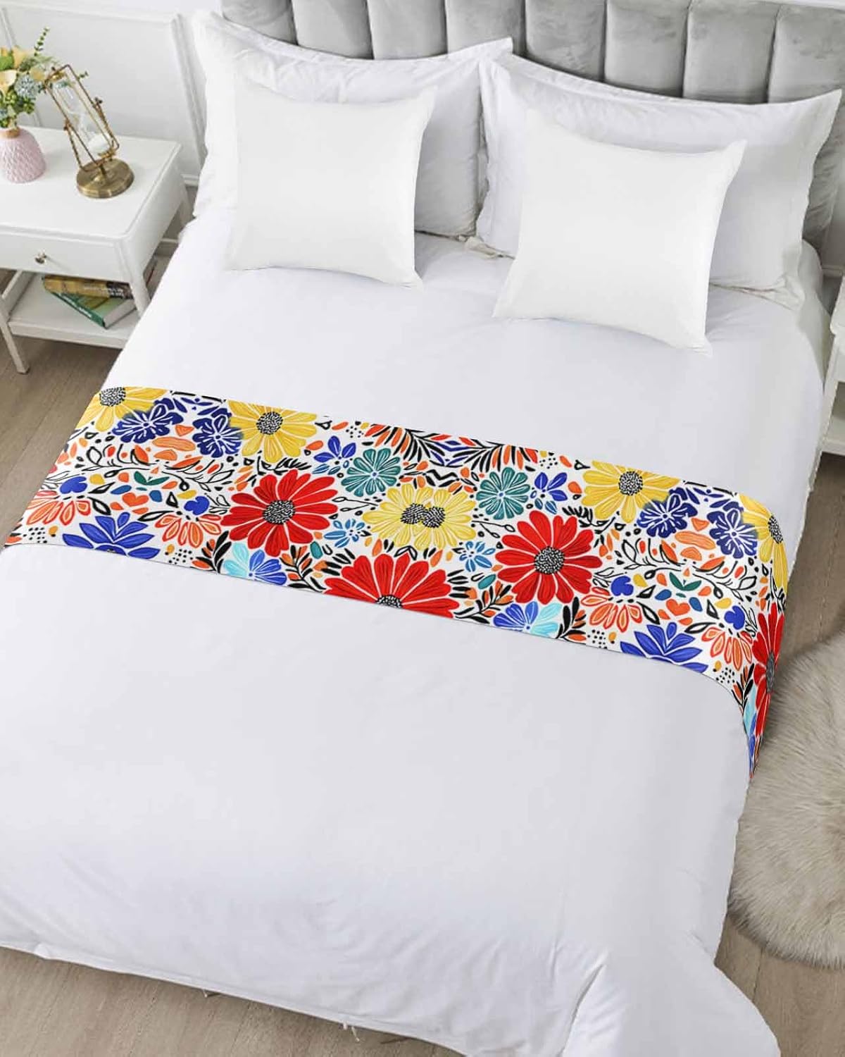 Watercolor Abstract Blossom Flower Bed Runners for Bedroom Hotel,Decorative Bedding Scarf Colorful Floral Leaves Bed End Blanket Bedding Runner Scarves for Queen Size Bed,94x20in
