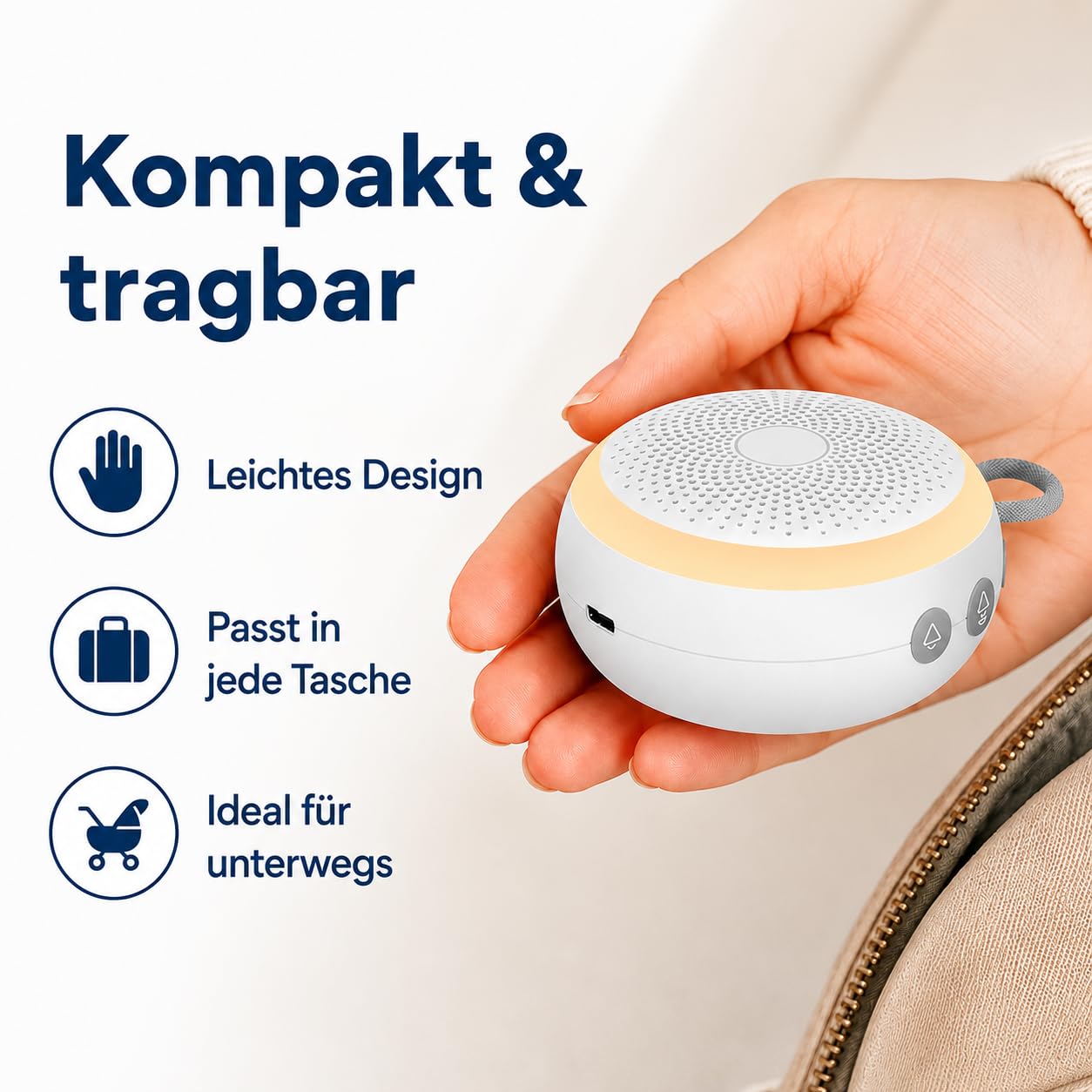 Baby White Noise Soundmaschine mit Nachtlicht - Tragbare Einschlafhilfe für Babys & Kinder, 16 beruhigende Geräusche, weißes Rauschen, Timer- & Memory-Funktion, bis zu 24h Akku, wiederaufladbar