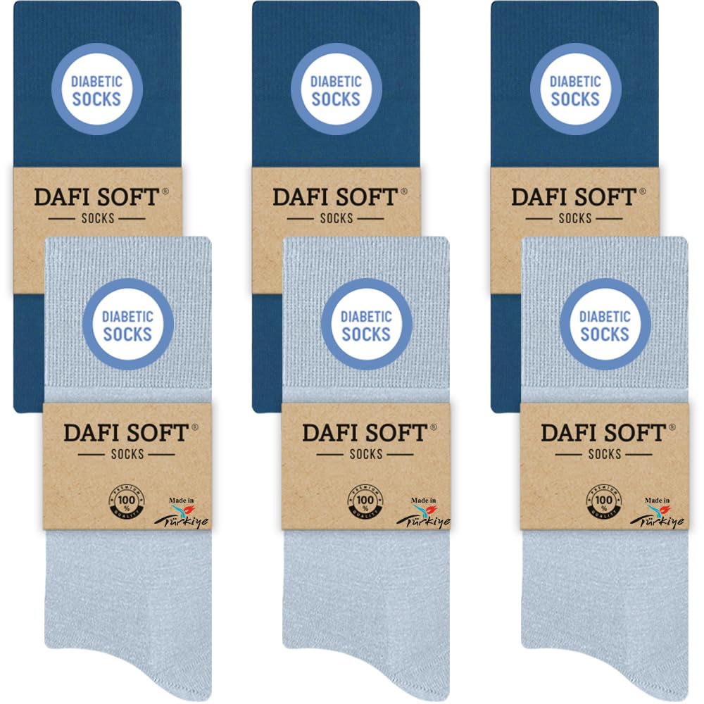 Dafi soft 6 Pairs Men's Diabetic Socks, Cotton, Stretchy, Made in Turkey (UK 6-8, 6x Light Navy/Light Blue)
