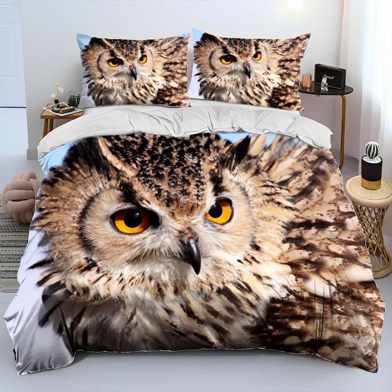 Housse de couette 220x240 hibou beige en microfibre de 110g avec ses deux taies d'oreiller