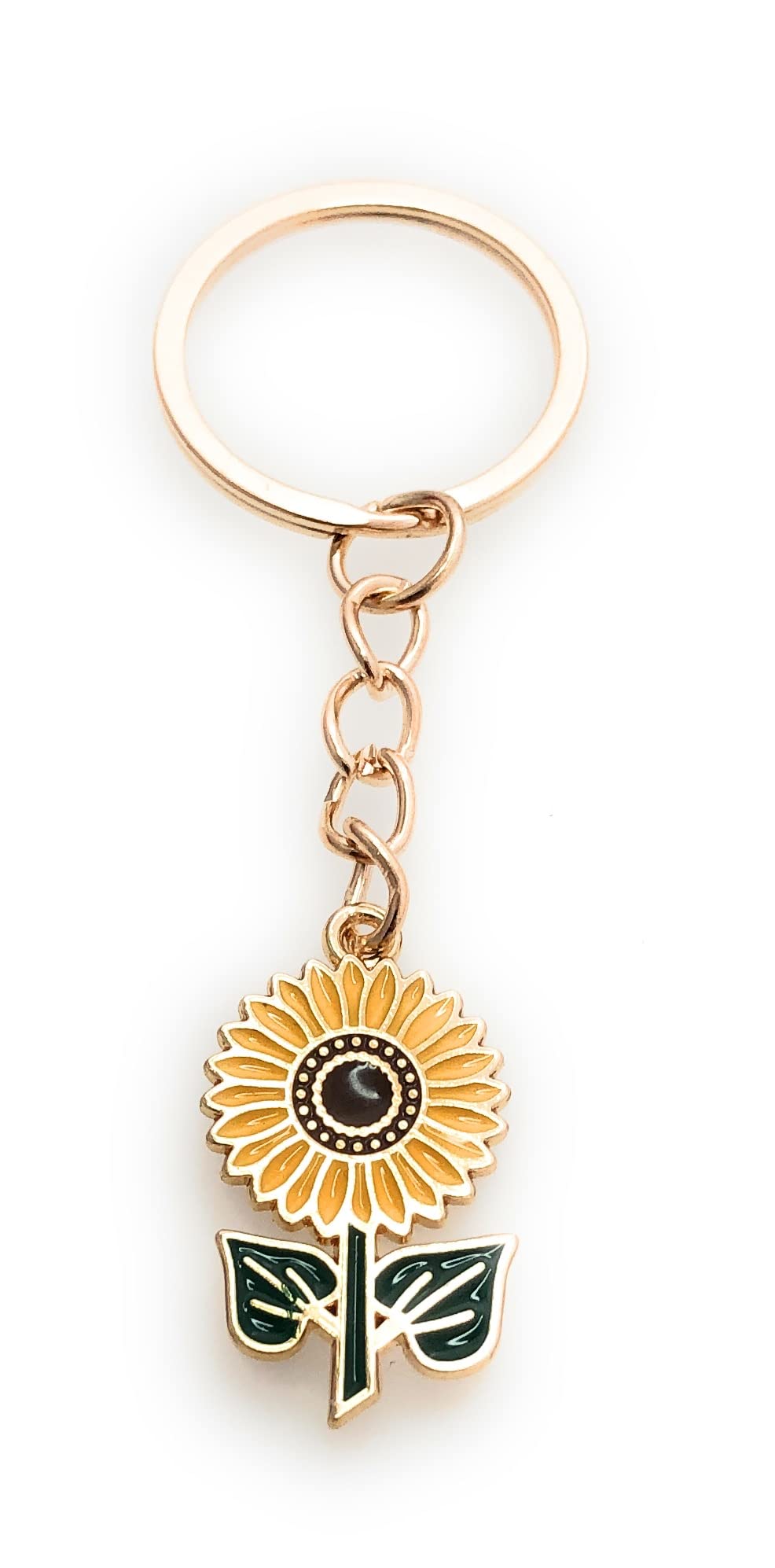 Sunflower with Leaves Keyring Key Ring with Enamel Charm and Gold Tone Keychain