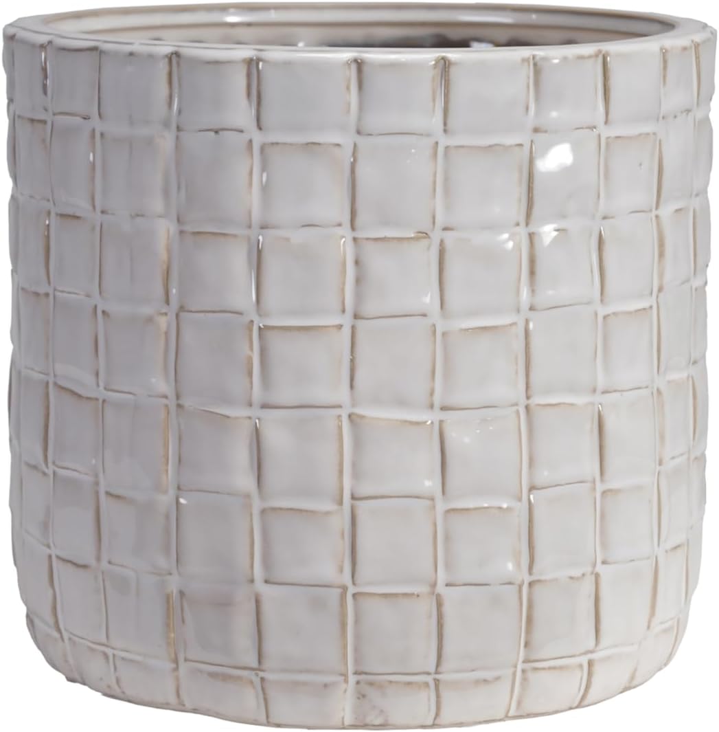Creative Co-Op Round Stoneware Planter with Woven Pattern in Reactive Glaze, Cream Color
