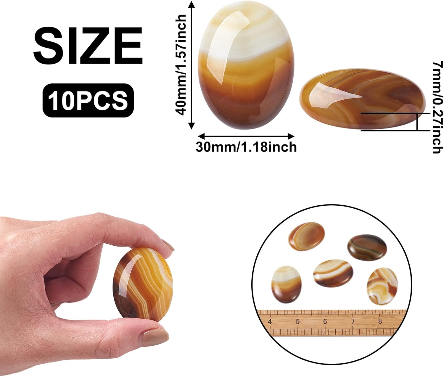 FASHEWELRY 10Pcs Natural Oval Gemstones Cabochon Flatback Semi-Precious Stone Beads Striped Agate Dome Cover Cab No Hole for Jewelry Making, 40x30mm