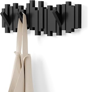 Umbra Sticks Wall-Mounted Coat Rack with 5 Flip-Down Hooks - Modern Space-Saving Organizer for Entryway, Black