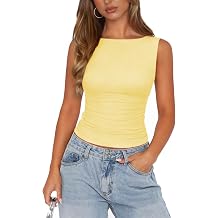 Womens Boat Neck Tops for Women Mesh Ruched Double Lined Tank Top Y2k Cute Going Out Summer Clothes
