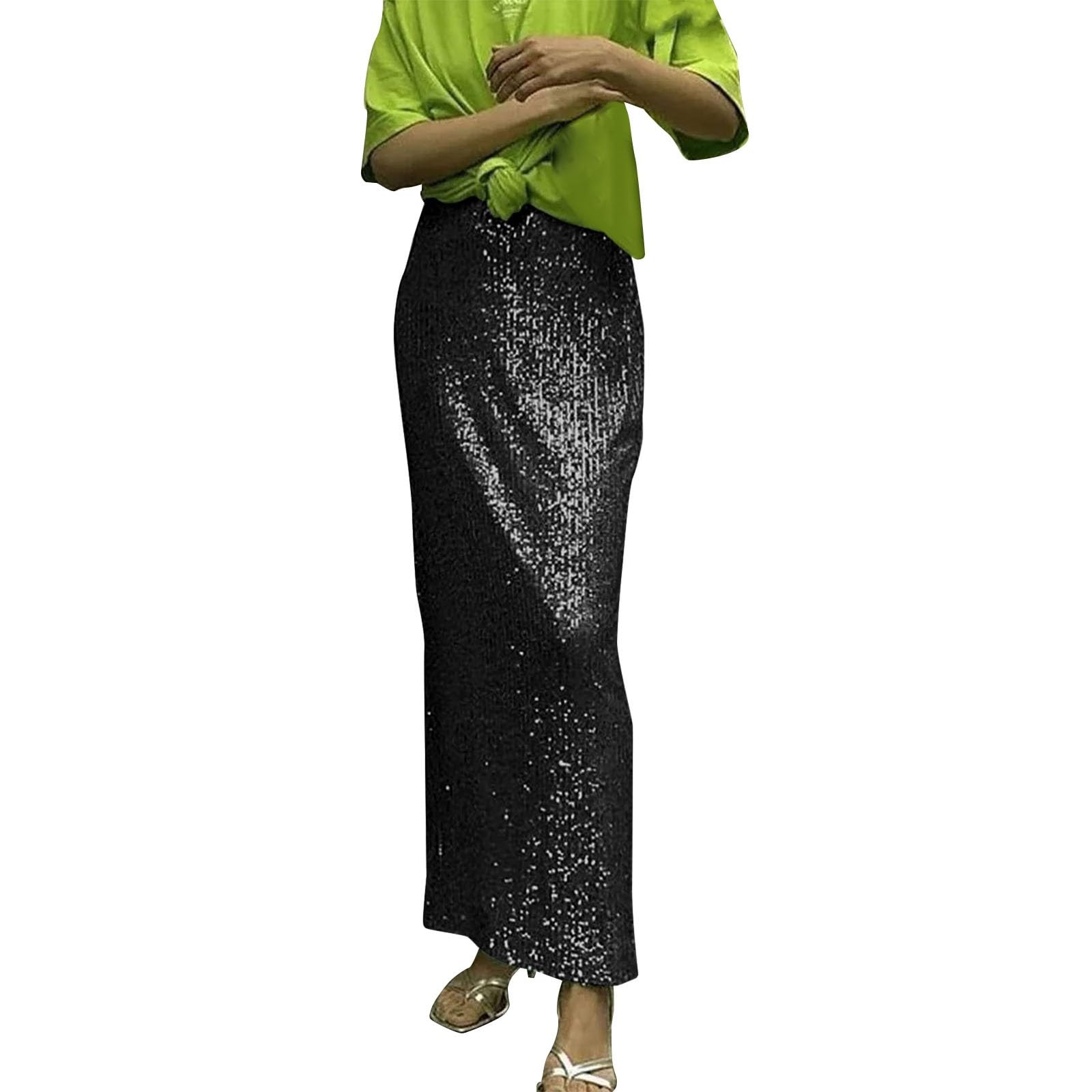 Glitzerrock Gold Damen Maxi, Hohe Taille mit Elastischem Bund Elegante Lang Maxirock Einfarbig Glitzer Pailettenrock Silvester Wickelrock Frauenrock Party Rave Outfit Karneval Rock