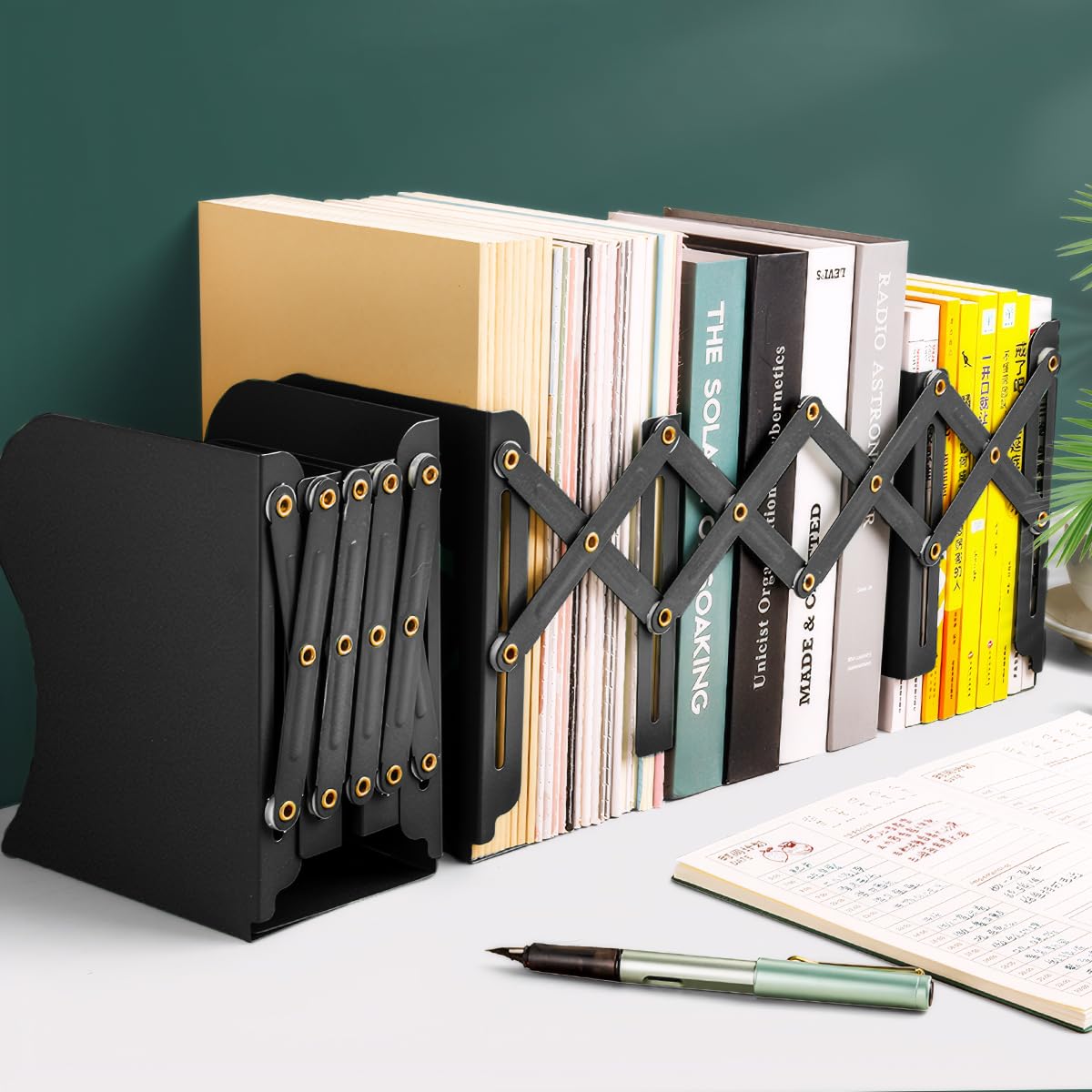 feyiubmen stylowe metalowe regulowane podpórki na książki od 10 do 50 cm, 2 modele, czarne i białe, do biblioteki, biblioteki i szkoły (kolor biały)