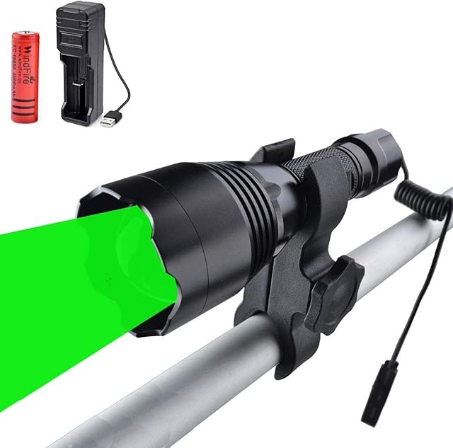 WindFire LED Torch with Red Green Light, Hunting Torch 1000 Lumen 250 Yards Zoomable Waterproof Tactical Flashlight with Mount, Pressure Switch, Battery and Charger (360-GREEN)