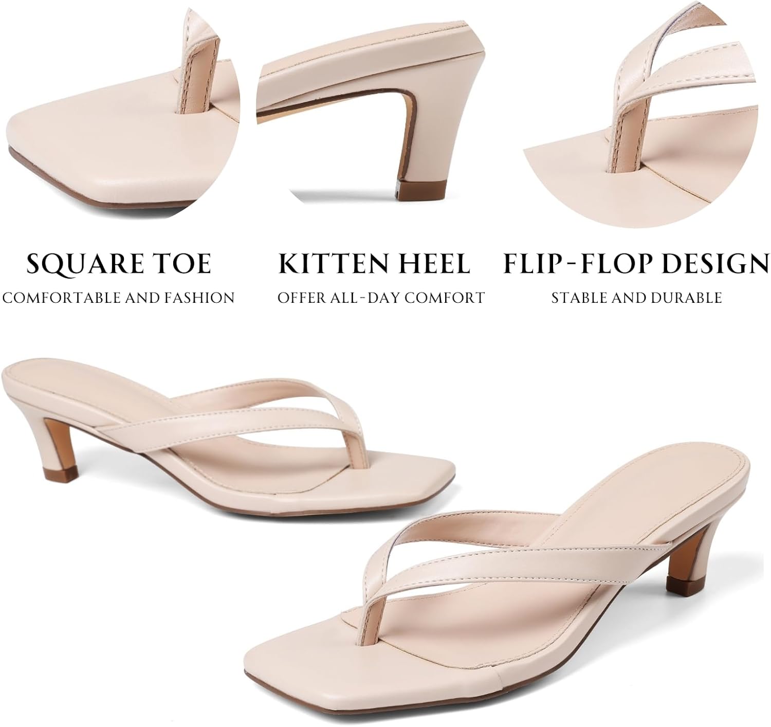 Uacllcau Kitten Heels Sandals for Women Square Open Toe Flip Flops Strappy Heels for Women Sandals Slides