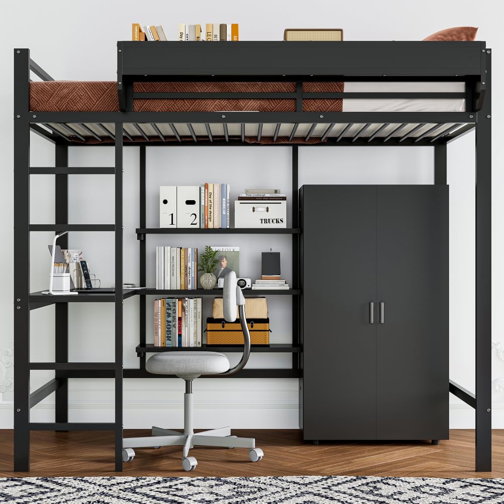 I0I&I0I Litera de hierro para niños con mesa y armario, amplio espacio de almacenamiento con escalera de 5 niveles, tablero de partículas de hierro, color negro + metal y madera + 90 cm x 200 cm