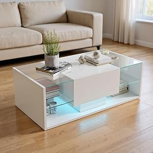 Mesa de centro rectangular, mesa baja moderna con iluminación LED, mesa de café con 1 cajón y espacio de almacenamiento abierto, placa de cristal templado, 100 x 50 x 35 cm, color blanco