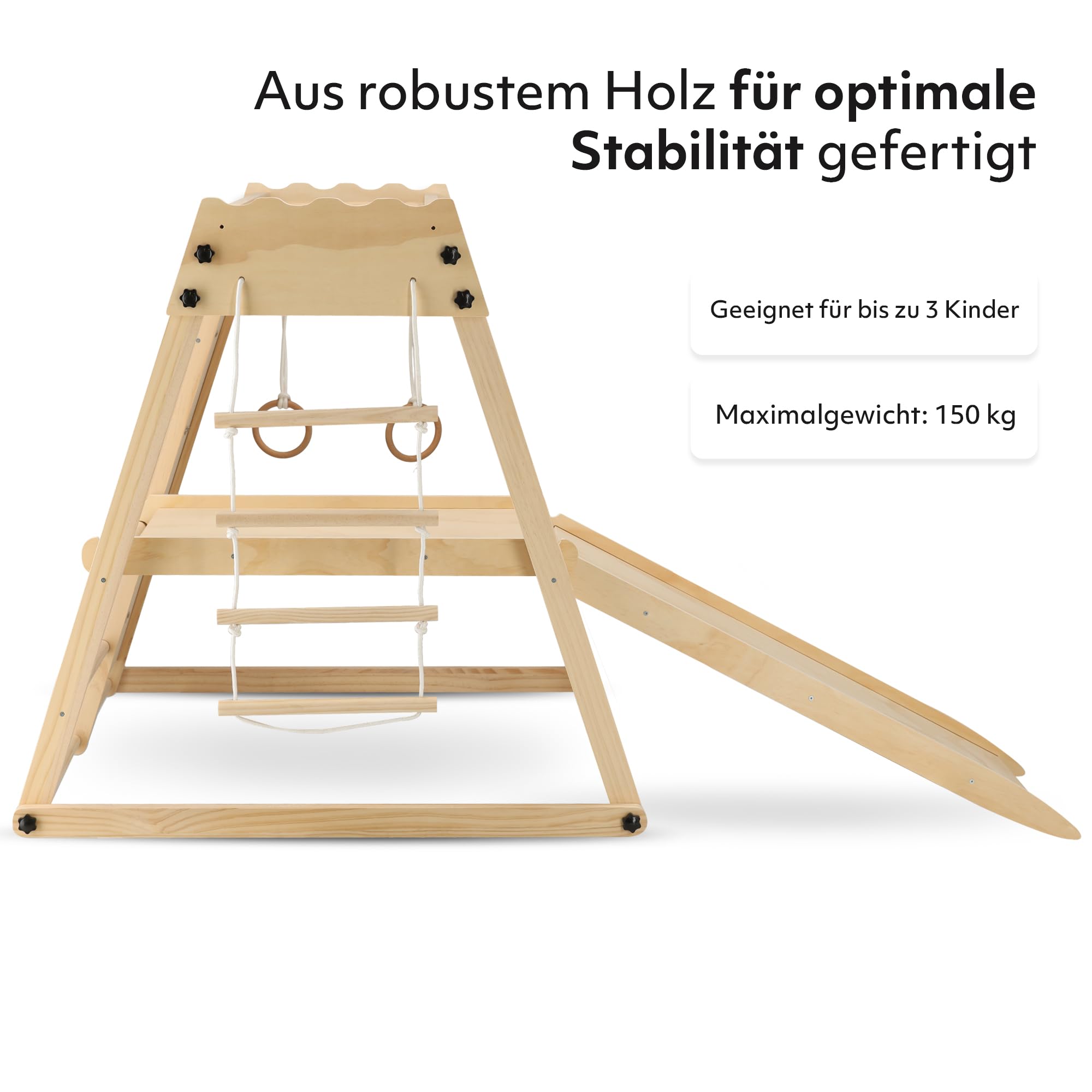 Deryan Klettergerüst für Kinder - Indoor Spielplatz mit Rutsche, Kletterwand, Kletternetz & Turnringe - Holz Kletterturm klappbar - Natur