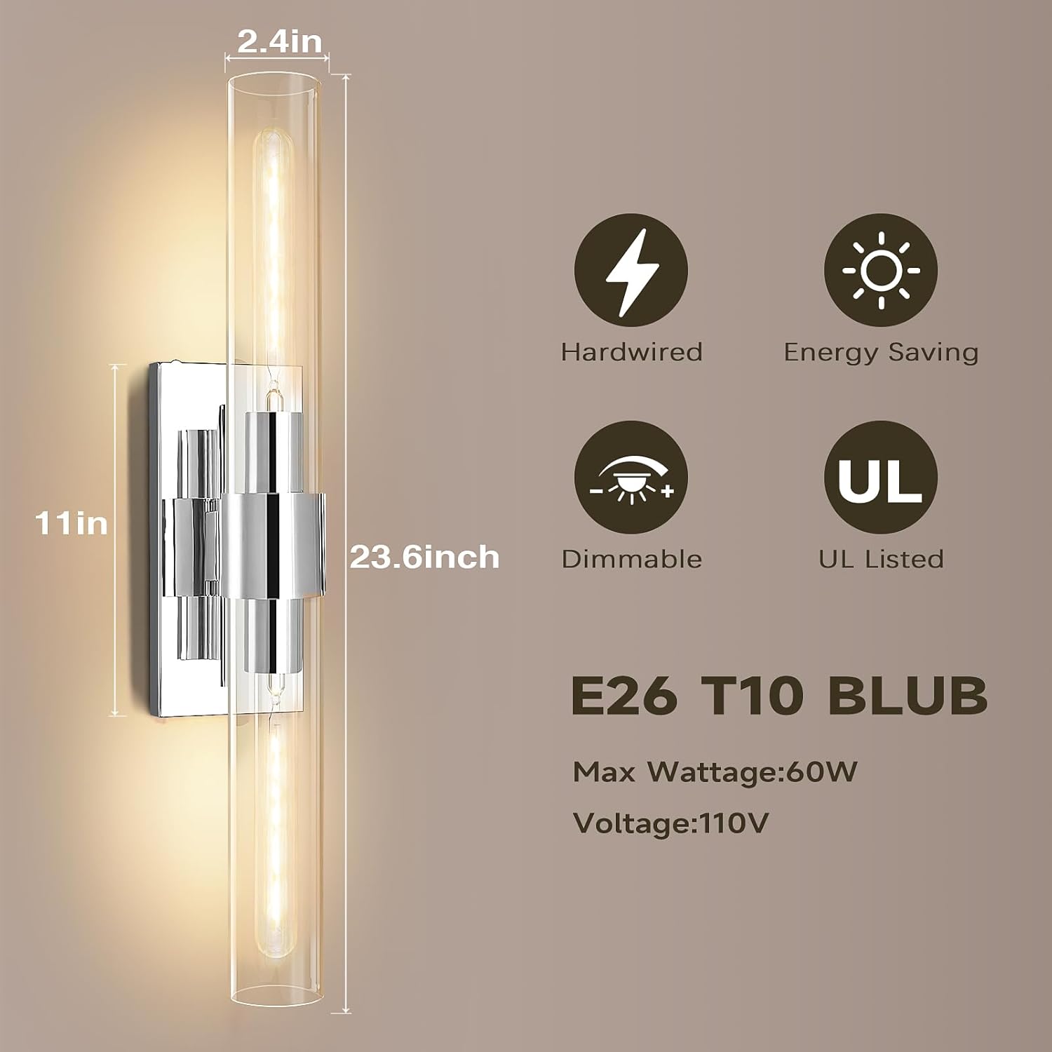 Chrome Wall Sconces, 22.8" Bathroom Sconces, Indoor Sconces Wall Lighting Up and Down, Nickel Wall Sconce Dimmable, Vanity Lights Fixtures with Tube, Glass Sconce for Bedroom, Staircase