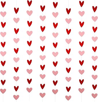 8 Pack Valentines Day Heart Garland Red and Pink, Valentines Day Hanging Heart Garland Hanging Heart Valentines Garland Decorations for Happy Valentines Day Party Decorations NO DIY