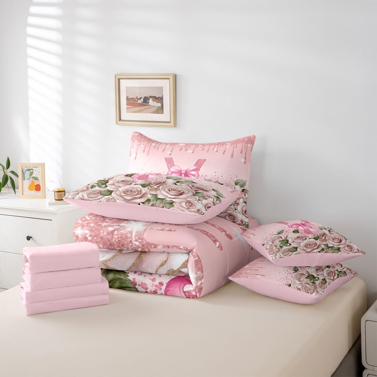 Initial Letter V Bow King Size Comforter Set with Sheets, Princess Bowknot 7 Piece Bedding Set Personalized Monogrammed Floral Bed in a Bag, Sequins Fluid Art Rose Light Pink Room Decor Aesthetic