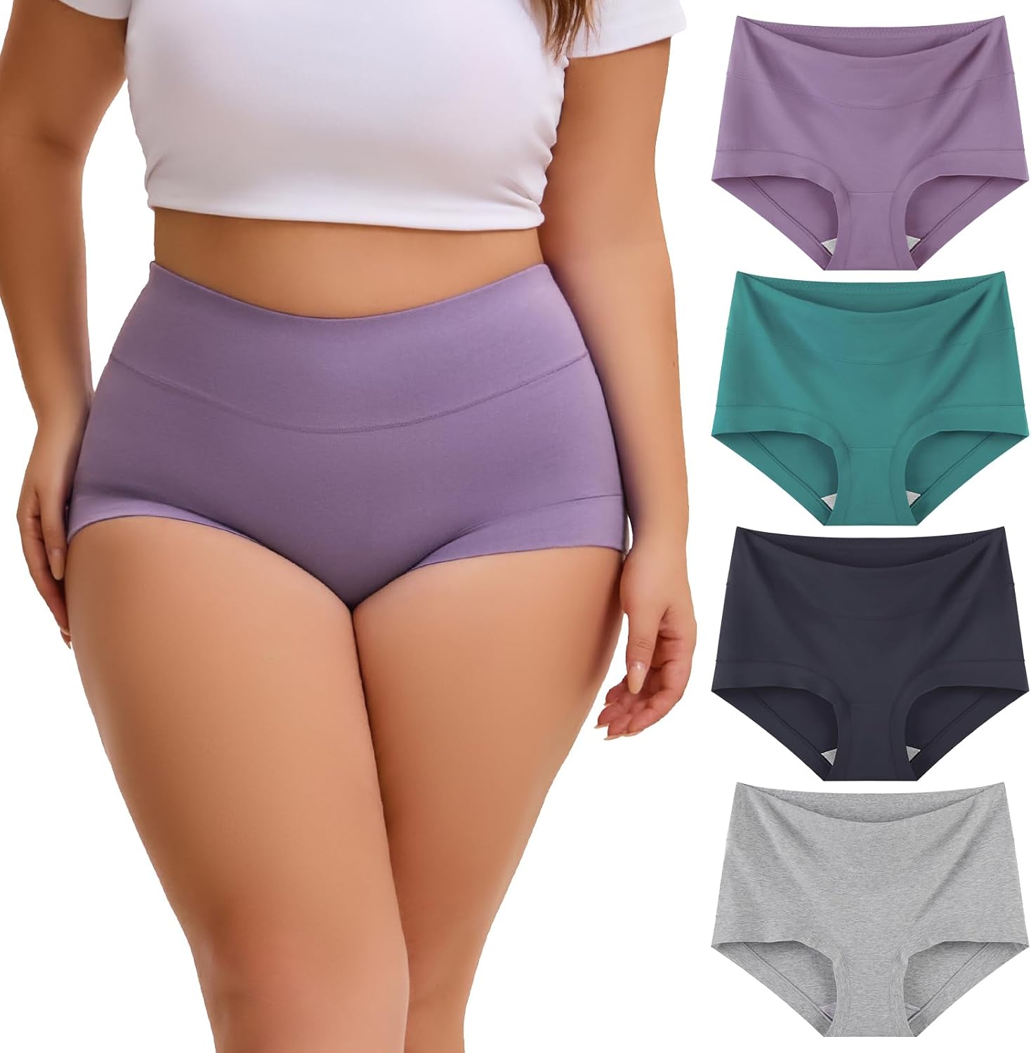 INNERSY Women's Plus Size Underwear High Waisted Full Coverage Soft Stretch Cotton Boy Shorts Panties 4-Pack