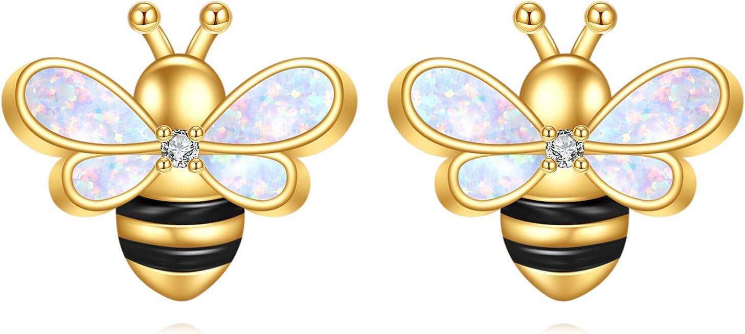 14k Gold Hummingbird Bee Butterfly Cat Earrings Dainty 14k Solid Yellow Gold Stud Earrings Moissanite Opal Jewelry for Women Gifts