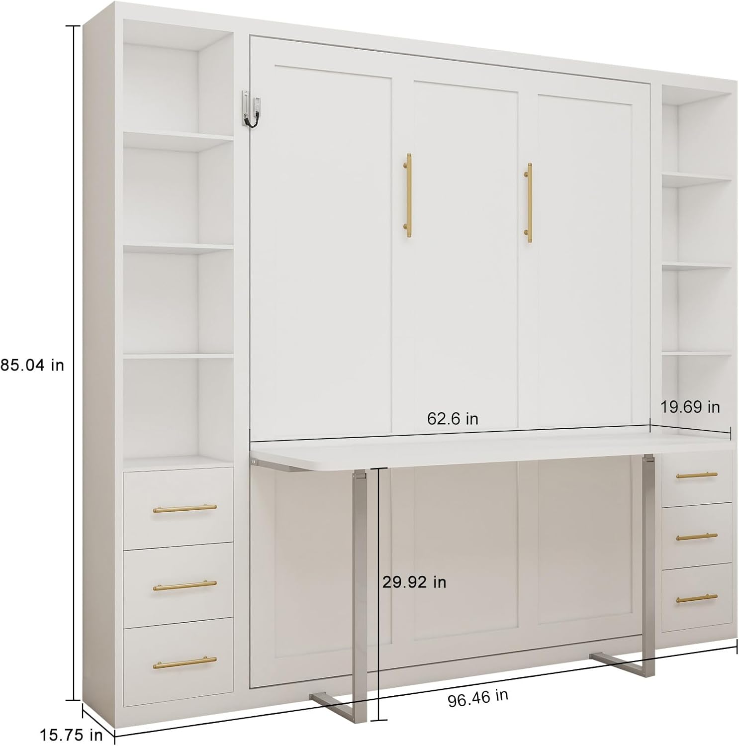 Queen Size Murphy Wall Bed with Desk, Multifunctional Vertical Folding Bed Frame with Double Side Cabinet, Space-Saving Hidden Cabinet Beds for Guest Room Home Office Apartment