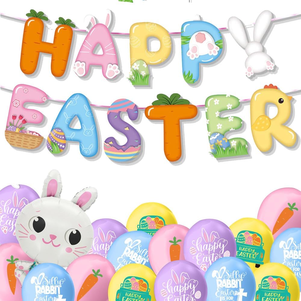 Happy Easter Banner, Colorful Easter Banner Bunny Party Decoration with Eggs Chick Carrot Signs Spring Happy Easter Party Decorations for Home Mantle Fireplace Office Classroom Easter Party Decor Supplies