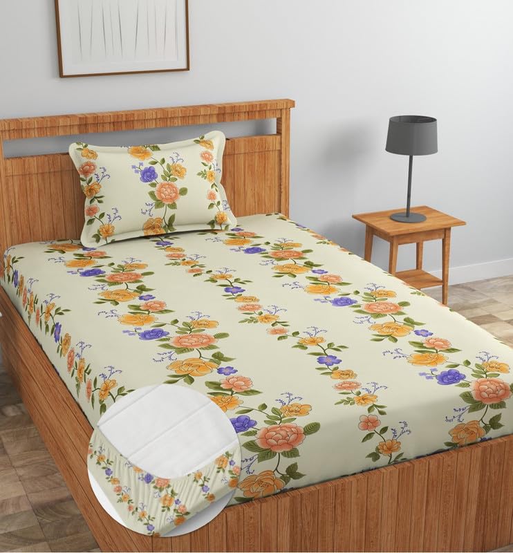Image of NEW LEAF Premium Cotton Elastic Fitted Bedsheets with 1 Pillow Covers |Solid or Plain Single Bed Elastic 220 TC Supersoft Breathable & Wrinklefree | for 72x36+6 Inches, Beige Green
