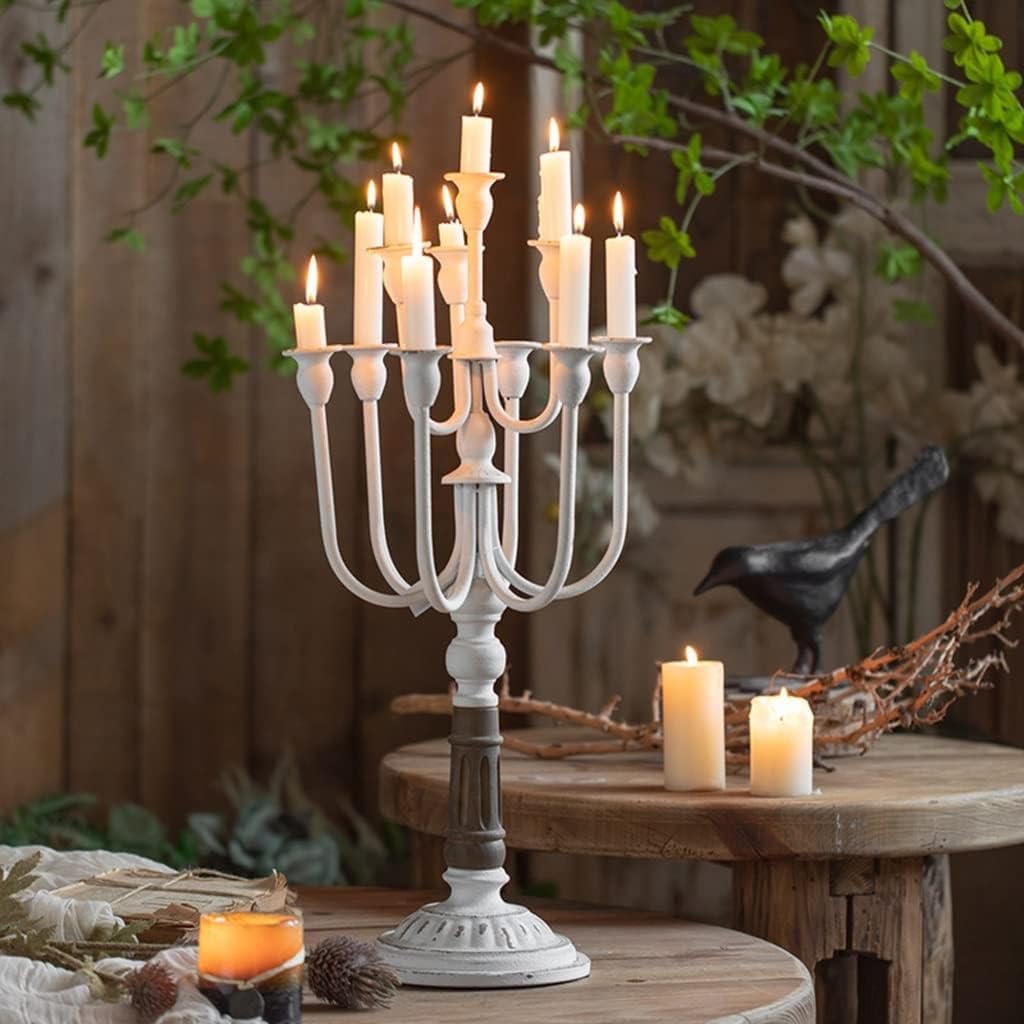 Candelabra Decorative Candle Holders 10 Arms Candelabra Metal Candle Stand Antique Candle Holder for Wedding Dinning Party Home Decor 27x27x57cm(White), Size