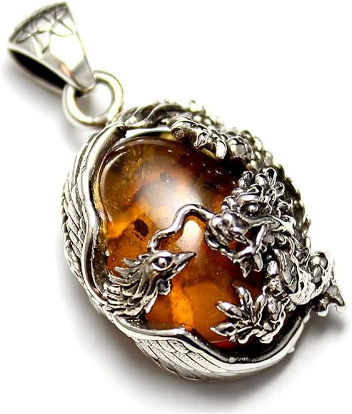 龍 鳳凰 琥珀 アンバー シルバー925 ペンダント orientalvibrations オリエンタルバイブレーション