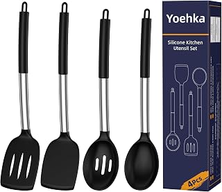 Yoehka 4-Pc Silicone Cooking Utensils Set: Heat-Resistant Spatulas & Spoons with Stainless Steel Handles for Nonstick Pans, Black